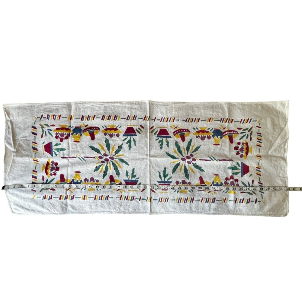 Mexican Table Runner 42X16.5 Nubby White Cotton w/ Red Green Yellow Blue VTG MCM